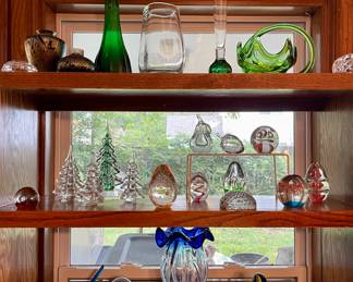 MCM Hand Blown Artglass Vases, Artglass Paperweight Collection, Royal Brierley Studio Iridescent Art Glass Vases, Made in Ireland Sculptured Crystal Paperweight, Art Glass Paperweights including Art Glass Pear & Strawberry with Controlled Bubbles