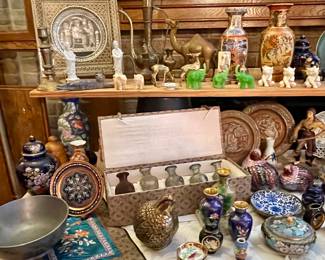 Vintage Silver/Copper Middle Eastern Qajar?? Plate in Inlaid Frame, Handmade Copper Inlaid Plate-Made In Turkey, Rare Complete Chinese Demonstration Set Rare How To Make Plique-a-jour Vases Circa 1920-1940 In Original Box,  Cloisonné Vases & Trinket Box Vintage Elephants including Lenox Elephants, Jade Elephants, Sue Bates Walrus Tooth Scrimshaw Fossil Art