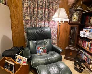 Mid Century Leather Chair with Ottoman, Brass Floor Lamp, Mounted Deer, Books, Small Antique Grandfather Clock, Antique Fan
