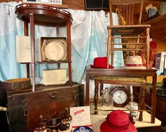 Antique Small Trunk, Accent Tables, Vintage Hats, Antique Cane Seat Chair