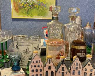 Blue Delft KLM Collector Bottles, MCM Barware, Vintage Astroworld Steins