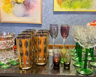 MCM Culver 22 K Gold Crackle Pisa Highball Glasses, Vintage Luminarc Durand Emerald Green Stemware Set