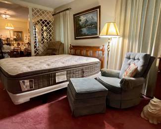 Vintage Swivel Rocker with Ottoman, Beautiful Brass floor Lamp, Stearns & Foster Queen Size Mattress, Queen Bed Frame