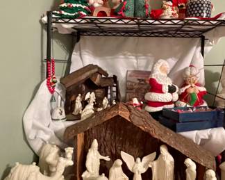 Handmade Ceramic Nativity, Wood Crèche, Handmade Ceramic Mr & Mrs Claus