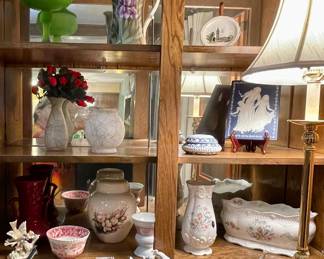 Shawnee Pottery Vase, Copeland Spode’s Tower Small Bowl, Indiana Lidded Compote Pedestal Green Satin Candy Dish, Vintage Goebel Bird Figurines, 