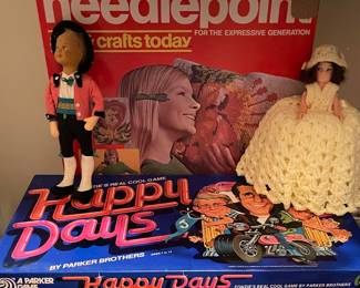 Vintage Happy Days Game, Vintage Needlepoint, Vintage Crocheted Toilet Paper Doll