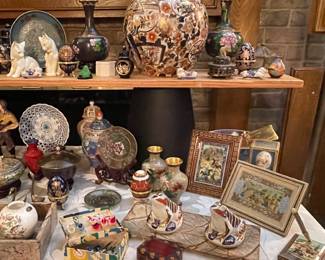 Plique-a-jour enamel Cloisonné Transparent Plate, Made in the Republic of China Cloisonné Vase, Made in The People’s Republic of China Ginger Jar, Framed Persian Painting On Bone, Khatam Pen Holder With Pen, Vintage Librasco Japan Porcelain Frog Paperweights