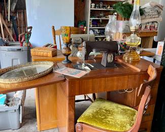 MCM Kenmore Sewing Machine in Cabinet, MCM Accent Chair, Oil Lamps