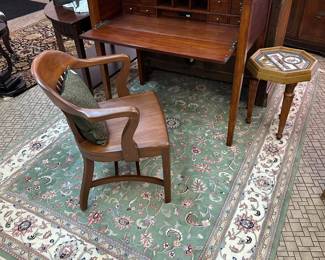 Overview photo of fold down wood desk w/ multiple drawers, wood chair