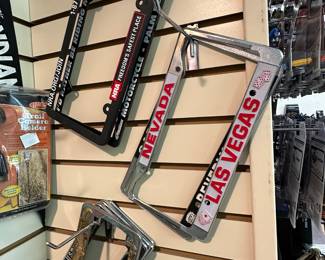 License plate covers from INDIAN MOTORCYCLE, NRA, HARLEY DAVIDSON