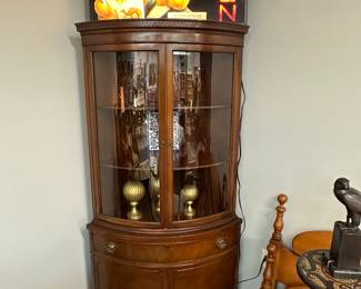 CAMEL cigarettes electric "OPEN" window sign - wood corner curio with rounded front, full size bed frame with rails and mirror