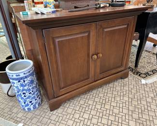 Wood cabinet, crock, large blue and white pottery 
