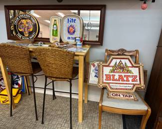 Crate and Barrel bar stools, small rectangular bar table, mirror and more bar signs!