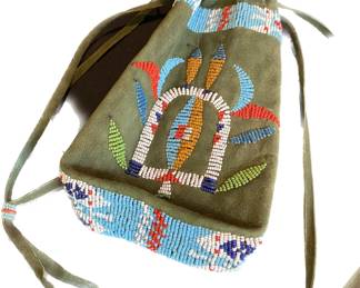 Sioux Indian Green Suede Beaded Bag/Pouch