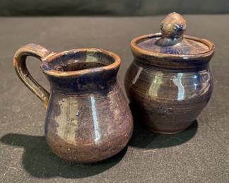 Ceramic Pottery Pair - Pitcher + Lidded Jar signed Bill H