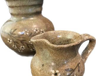 Pair Pottery with Floral Motif Vase + Pitcher signed HILTON