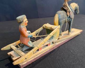 Vintage Hand Carved Folk Art Horse + Sleigh