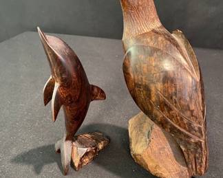 Pair Ironwood Figurines Eagle + Dolphin
