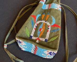 Sioux Indian Green Suede Beaded Bag/Pouch