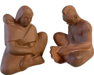Pair Native American Figurines Handmade Terracotta signed A. Crowe