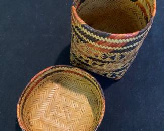Cherokee Indian Double Woven River Cane Lidded Basket