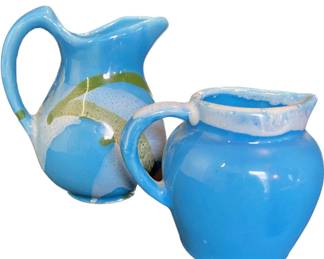 Blue Glazed Pottery Pitcher + Creamer Pair