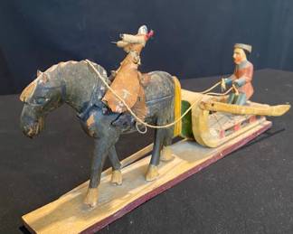 Vintage Hand Carved Folk Art Horse + Sleigh