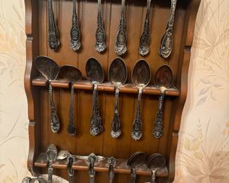 VINTAGE AND ANTIQUE SILVER SPOONS AND RACK