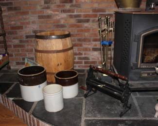 Wood Barrel, Pottery Crocks, Log Roller