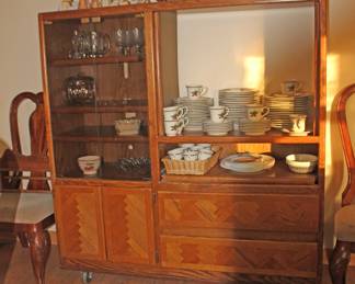 Oak China Cabinet, Dishware, Stemware, Nativity, Glass Pumpkin, More