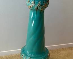 Glazed Turquoise Ceramic Plant Stand With Foliate Decoration