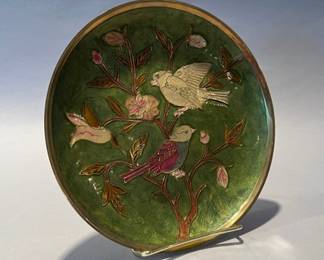 Enameled Metal Plate With Bird Decoration, Made In India