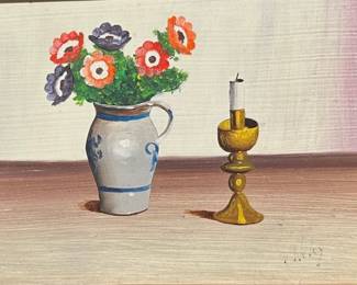 Weley, Holland, Miniature Sill Life With Flowers And Candle