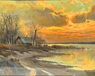 Rive Landscape At Sunset, Oil On Canvas