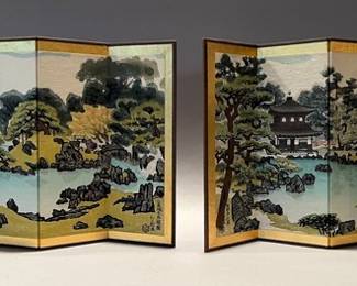 Two Chinese Painted Four Panel Screens