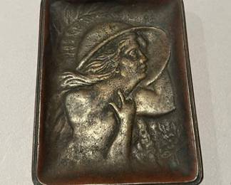 Bronze Trinket Tray Decorated With Woman In Hat, 19th Century