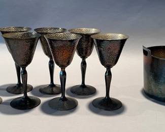 W.M. Mounts Silver Plate Hammered Wine Goblets With Meriden SP Company Hammered Ice Bucket