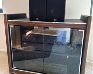Adcom Preamplifier, Aplifier, And Casette/Stereo, With Speakers And Glass Door Stereo Cabinet On Wheels