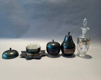 Three Silver Plate Fruit Form Cordial Glass Containers With Coordinating Glass Decanter