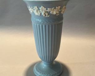 Wedgewood Eturia & Barlaston Embossed Queen's Ware Cream On Blue Porcelain Vase