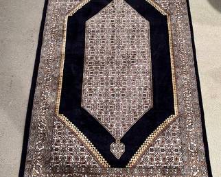 Wool And Silk Blend Rug Having Black Ground With White, Brown And Grey Decoration