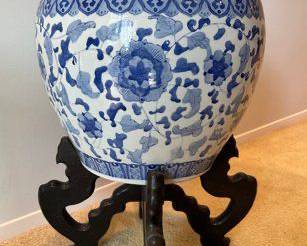 Chinese Blue And White Planter On Stand