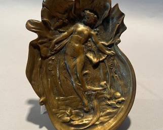 Art Nouveau Small Bronze Trinket Tray Decorated With Nude Maiden And Bird, 19th Century