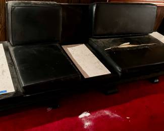 108 x 34 x 12” seat to floor black seating with black lacquer base, 3 marble insert tabletops
Seating material as is $200