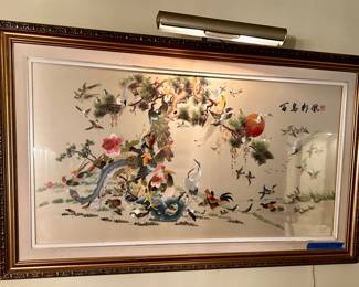 Silk birds Framed & double matted with display light 47.25”w x 18.25h $450