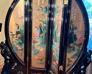 2 sided Chinese Jade & Black Lacquer 4 panel folding screen 76”w x 73”h $1295