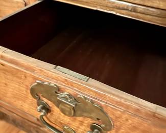 Antique cabinet with 2 drawers, brass handles with carved detail trim 37”w x 23d x 67”h $1295