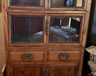Antique cabinet with 2 drawers, brass handles with carved detail trim 37”w x 23d x 67”h $1295