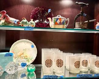 Tiffany snowball taper candle holders with box $30
Limoges plate $10
Frosted, Asian highball glasses $10ea (rocks glasses sold)
