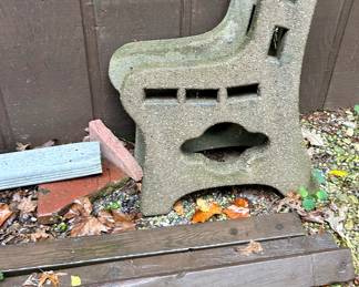 Cement bench sided with wood slat seat and back, easy storage $50